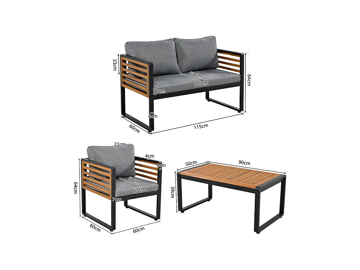 Salon de jardin en Fer 4 personnes - 1 canapé、2 fauteuils et 1 table basse - décoré de Bois d'Acacia - Gris
