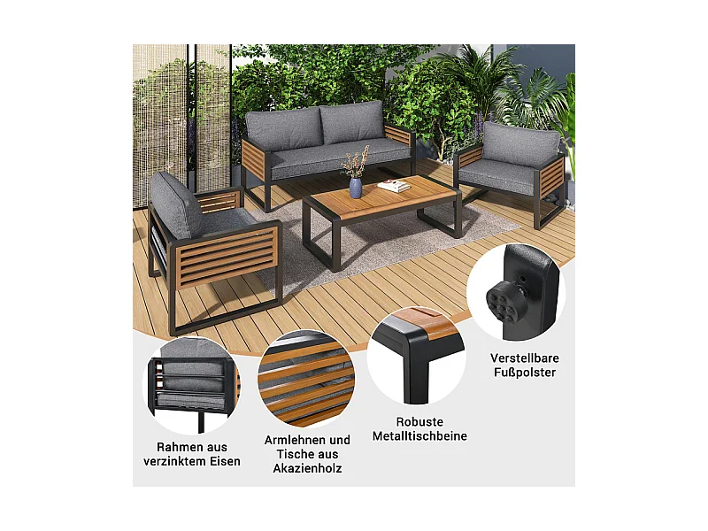 Salon de jardin en Fer 4 personnes - 1 canapé、2 fauteuils et 1 table basse - décoré de Bois d'Acacia - Gris