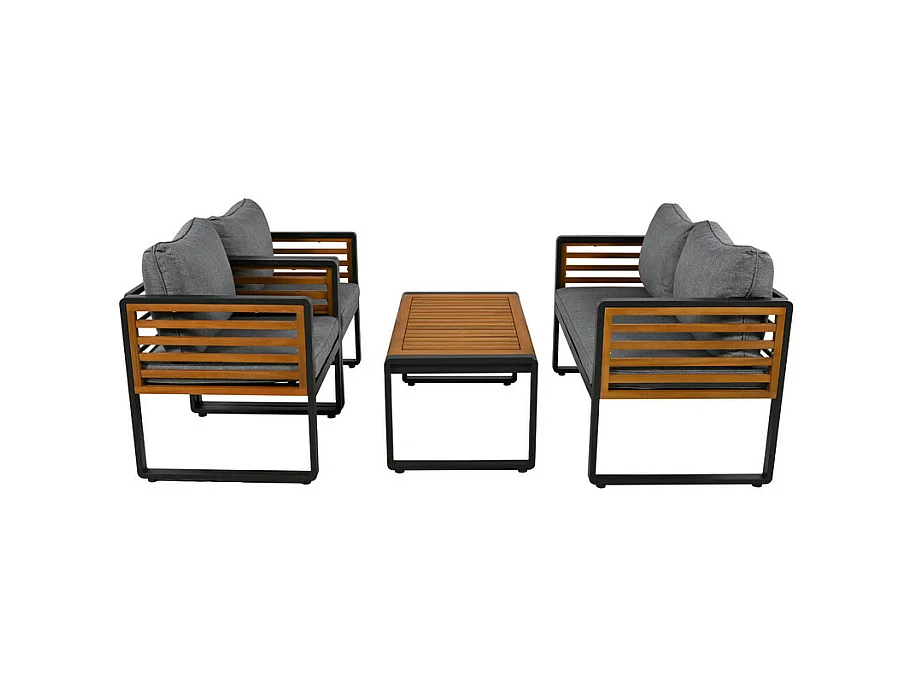 Salon de jardin en Fer 4 personnes - 1 canapé、2 fauteuils et 1 table basse - décoré de Bois d'Acacia - Gris