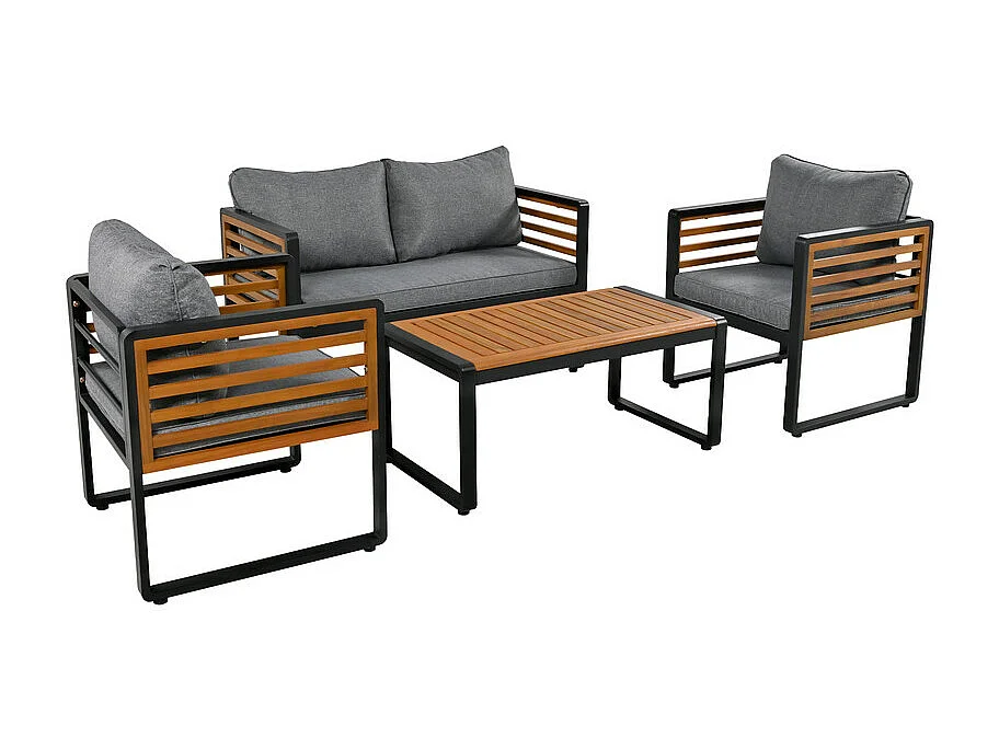 Mobile da giardino in ferro per 4 persone - 1 divano, 2 poltrone e 1 tavolino - decorato con legno di acacia - Grigio