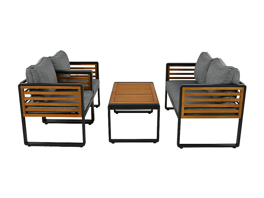 Mobile da giardino in ferro per 4 persone - 1 divano, 2 poltrone e 1 tavolino - decorato con legno di acacia - Grigio