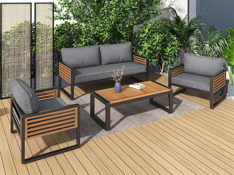 Mobile da giardino in ferro per 4 persone - 1 divano, 2 poltrone e 1 tavolino - decorato con legno di acacia - Grigio