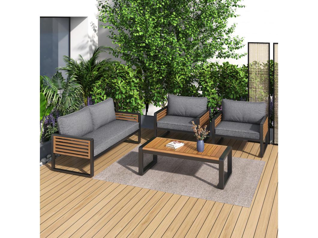 IJzeren tuinmeubelen voor 4 personen - 1 bank, 2 fauteuils en 1 salontafel - versierd met acaciahout - Grijs