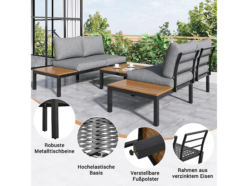 Salon de jardin multifonctionnel en Acier galvanisé et décoré de Bois d'Acacia - 4 places - canapé d'angle et 1 table basse - Gris