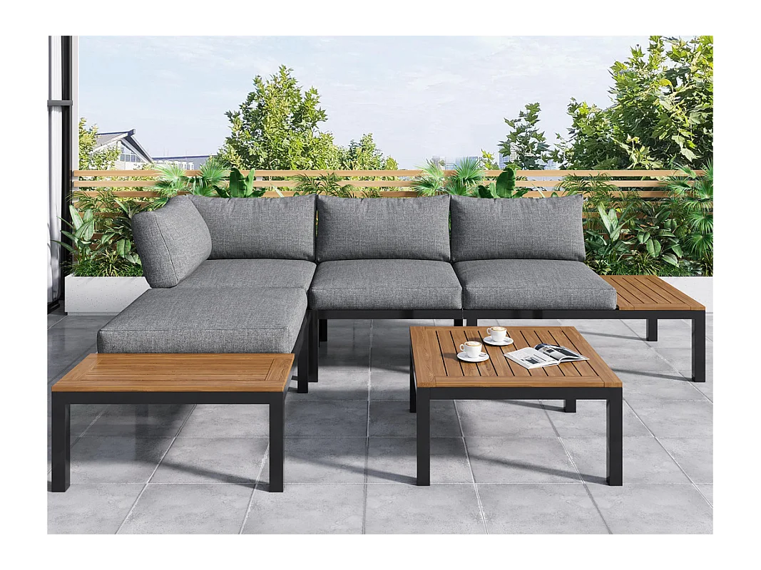 Multifunctioneel tuinmeubel in gegalvaniseerd staal en gedecoreerd met acaciahout - 4 plaatsen - hoekbank en 1 salontafel - Grijs