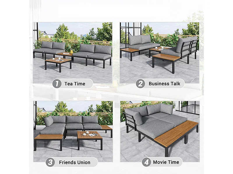 Salon de jardin multifonctionnel en Acier galvanisé et décoré de Bois d'Acacia - 4 places - canapé d'angle et 1 table basse - Gris