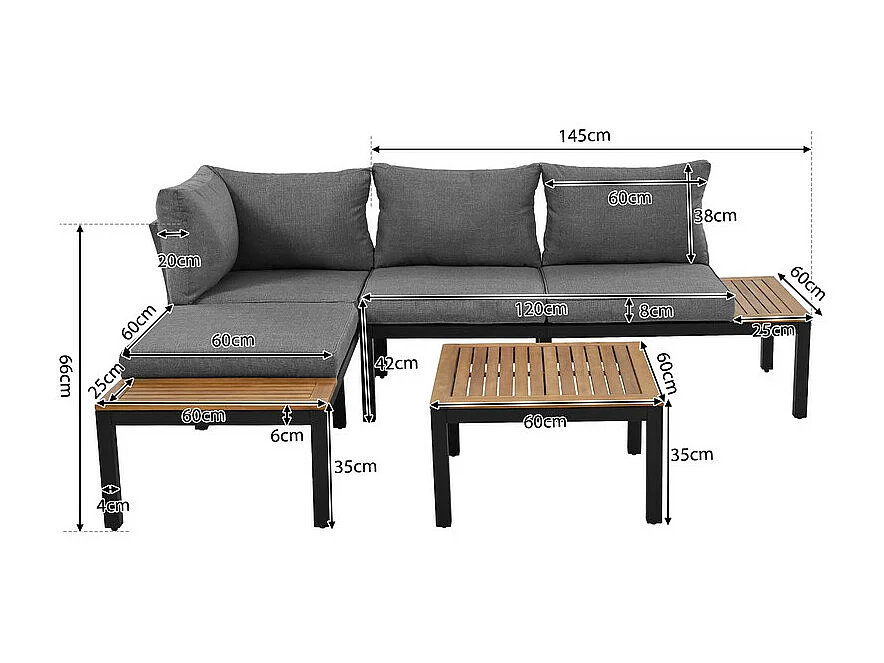 Salon de jardin multifonctionnel en Acier galvanisé et décoré de Bois d'Acacia - 4 places - canapé d'angle et 1 table basse - Gris