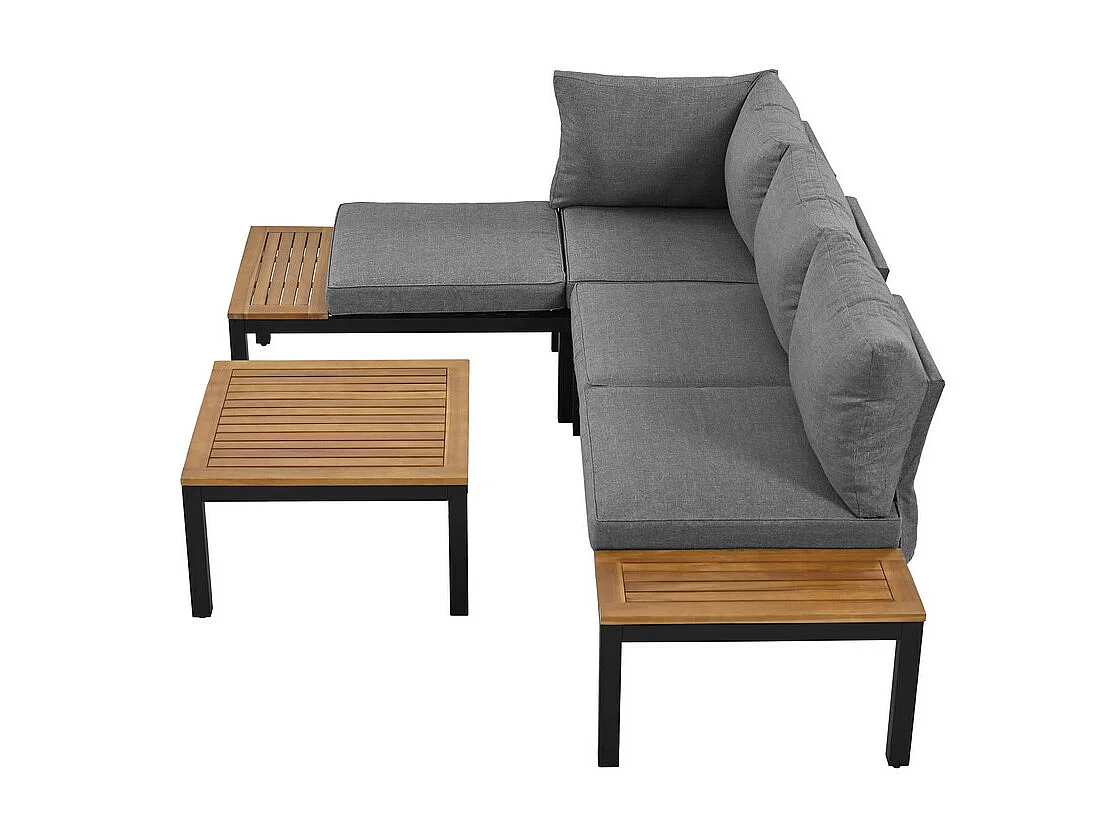 Salon de jardin multifonctionnel en Acier galvanisé et décoré de Bois d'Acacia - 4 places - canapé d'angle et 1 table basse - Gris