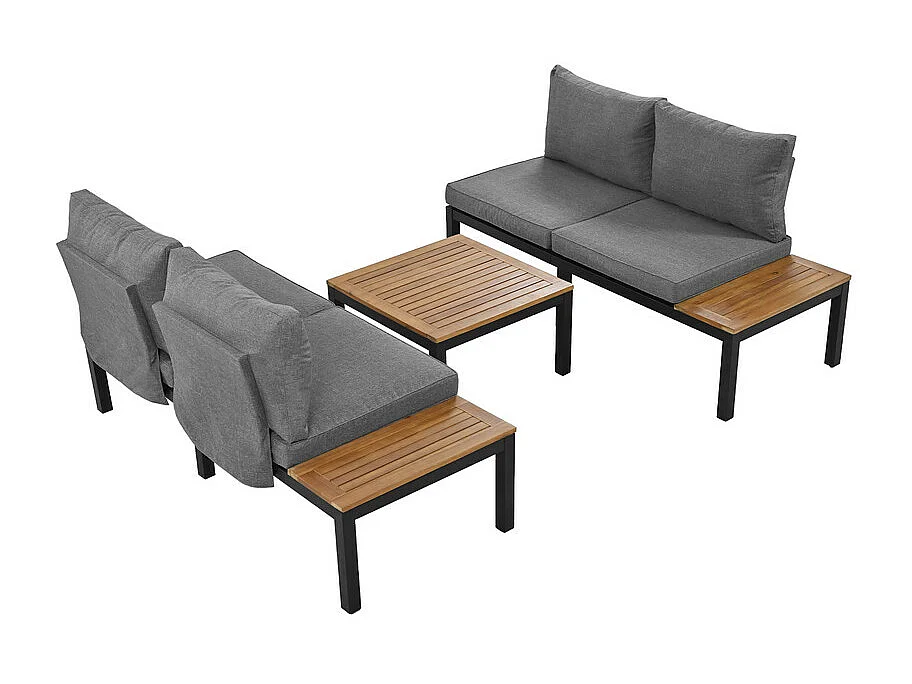 Salon de jardin multifonctionnel en Acier galvanisé et décoré de Bois d'Acacia - 4 places - canapé d'angle et 1 table basse - Gris