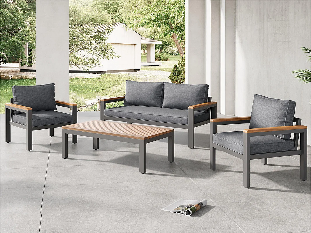 Gegalvaniseerd stalen tuinmeubel - 1 bank, 2 fauteuils en 1 salontafel - versierd met acaciahout - Donkergrijs