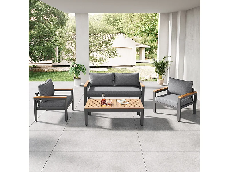 Gegalvaniseerd stalen tuinmeubel - 1 bank, 2 fauteuils en 1 salontafel - versierd met acaciahout - Donkergrijs