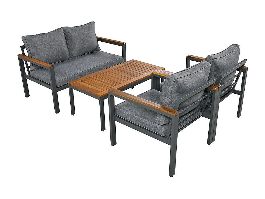 Gegalvaniseerd stalen tuinmeubel - 1 bank, 2 fauteuils en 1 salontafel - versierd met acaciahout - Donkergrijs