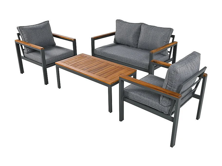 Gegalvaniseerd stalen tuinmeubel - 1 bank, 2 fauteuils en 1 salontafel - versierd met acaciahout - Donkergrijs