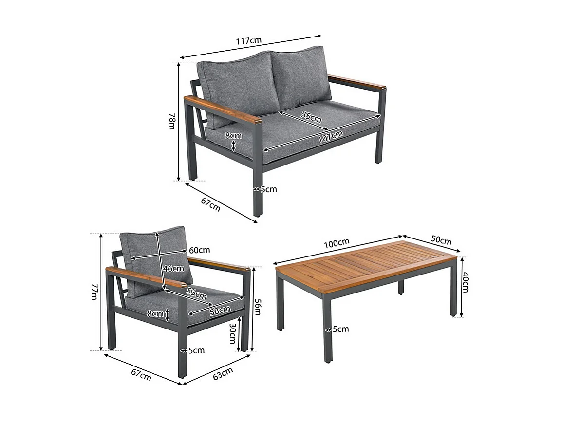 Gegalvaniseerd stalen tuinmeubel - 1 bank, 2 fauteuils en 1 salontafel - versierd met acaciahout - Donkergrijs