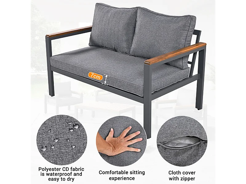 Gegalvaniseerd stalen tuinmeubel - 1 bank, 2 fauteuils en 1 salontafel - versierd met acaciahout - Donkergrijs