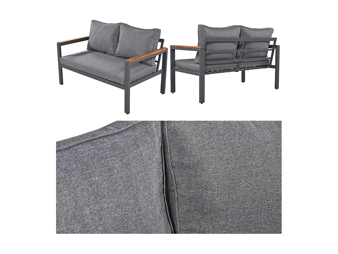 Gegalvaniseerd stalen tuinmeubel - 1 bank, 2 fauteuils en 1 salontafel - versierd met acaciahout - Donkergrijs