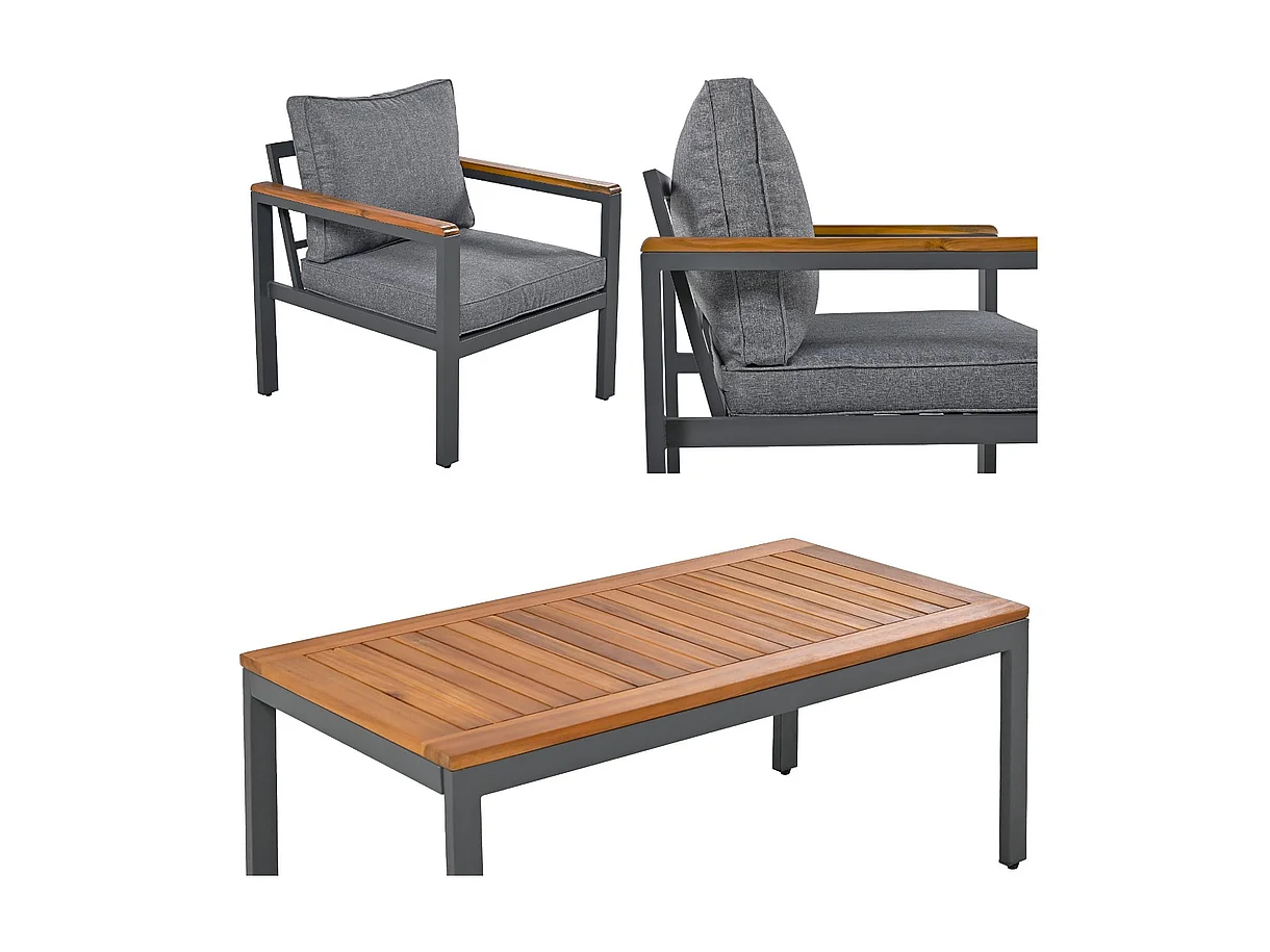 Gegalvaniseerd stalen tuinmeubel - 1 bank, 2 fauteuils en 1 salontafel - versierd met acaciahout - Donkergrijs