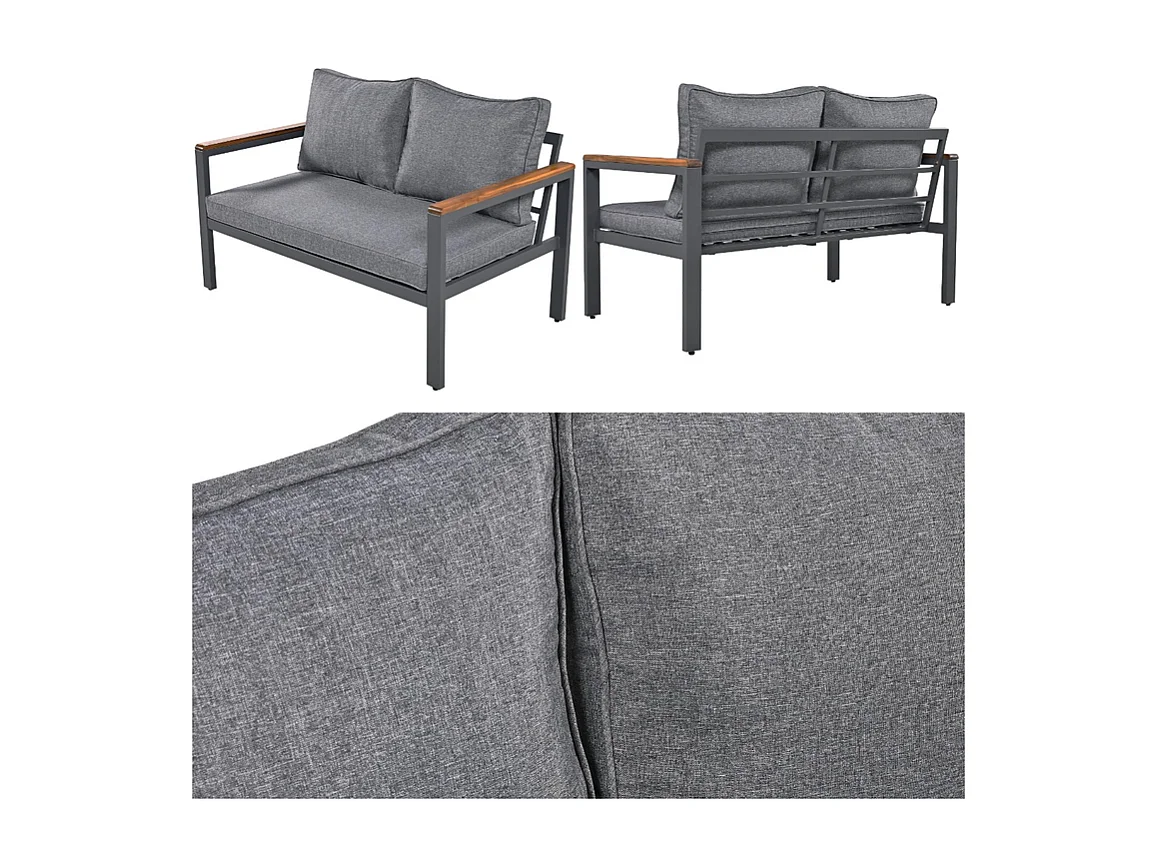 Gegalvaniseerd stalen tuinmeubel - 1 bank, 2 fauteuils en 1 salontafel - versierd met acaciahout - Donkergrijs