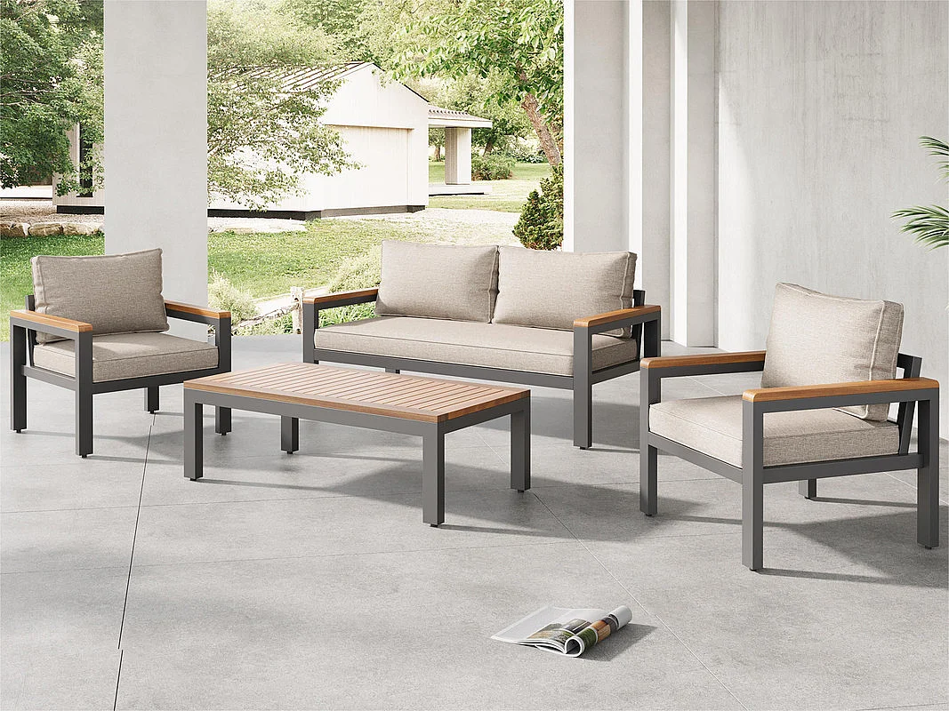 Gartenmöbel aus verzinktem Stahl – 1 Sofa, 2 Sessel und 1 Couchtisch – dekoriert mit Akazienholz – Beige