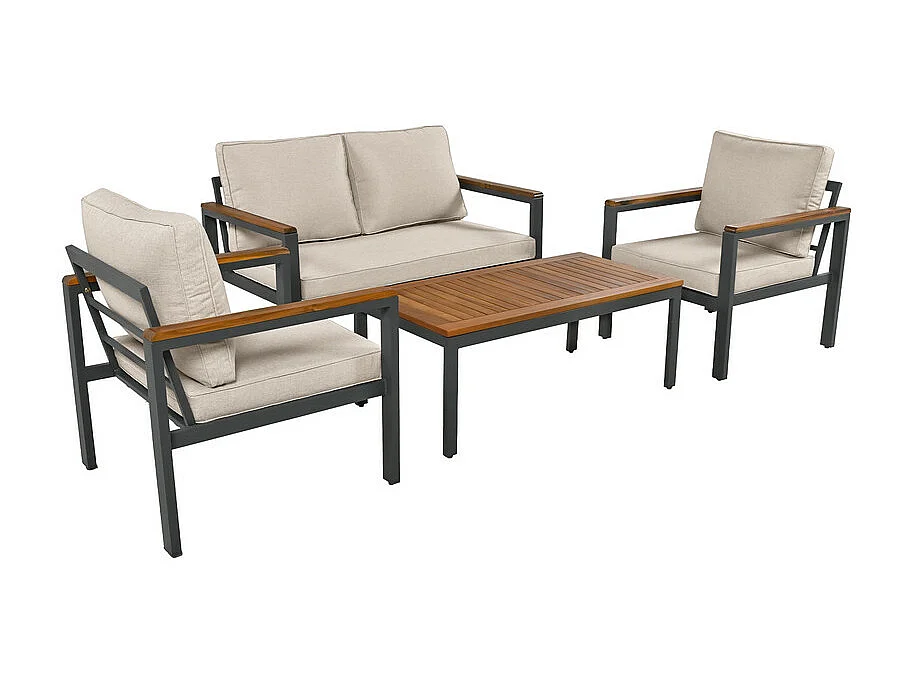 Gartenmöbel aus verzinktem Stahl – 1 Sofa, 2 Sessel und 1 Couchtisch – dekoriert mit Akazienholz – Beige