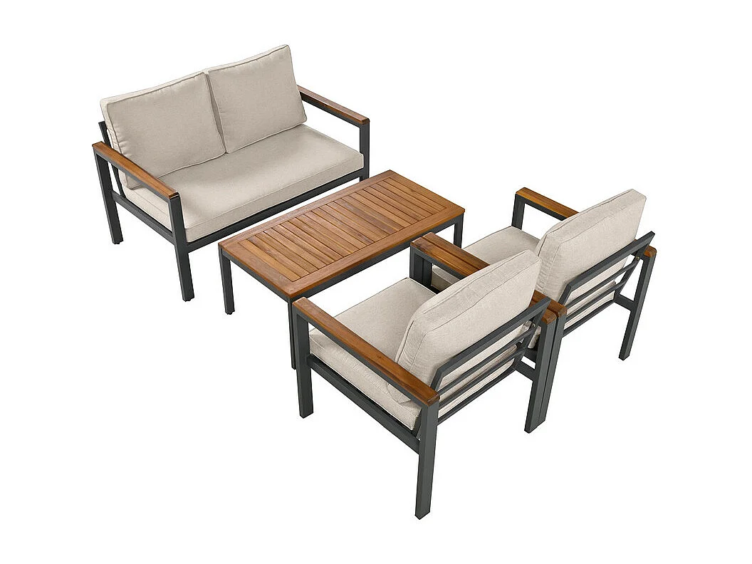 Gartenmöbel aus verzinktem Stahl – 1 Sofa, 2 Sessel und 1 Couchtisch – dekoriert mit Akazienholz – Beige