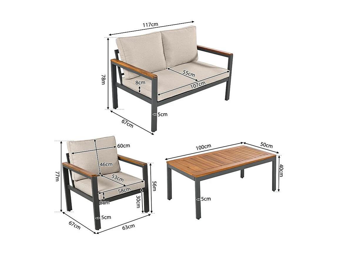 Gartenmöbel aus verzinktem Stahl – 1 Sofa, 2 Sessel und 1 Couchtisch – dekoriert mit Akazienholz – Beige