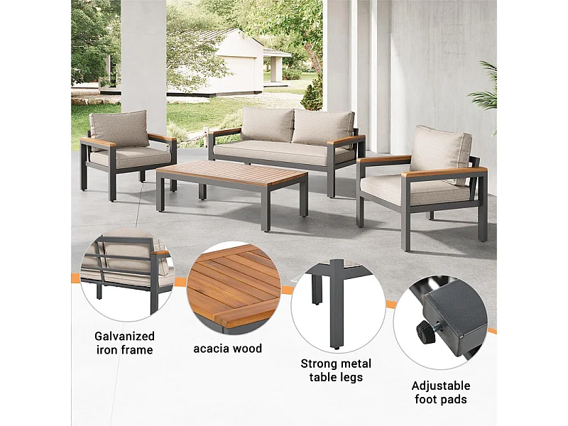 Gartenmöbel aus verzinktem Stahl – 1 Sofa, 2 Sessel und 1 Couchtisch – dekoriert mit Akazienholz – Beige