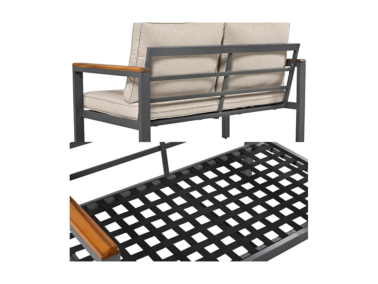 Gartenmöbel aus verzinktem Stahl – 1 Sofa, 2 Sessel und 1 Couchtisch – dekoriert mit Akazienholz – Beige