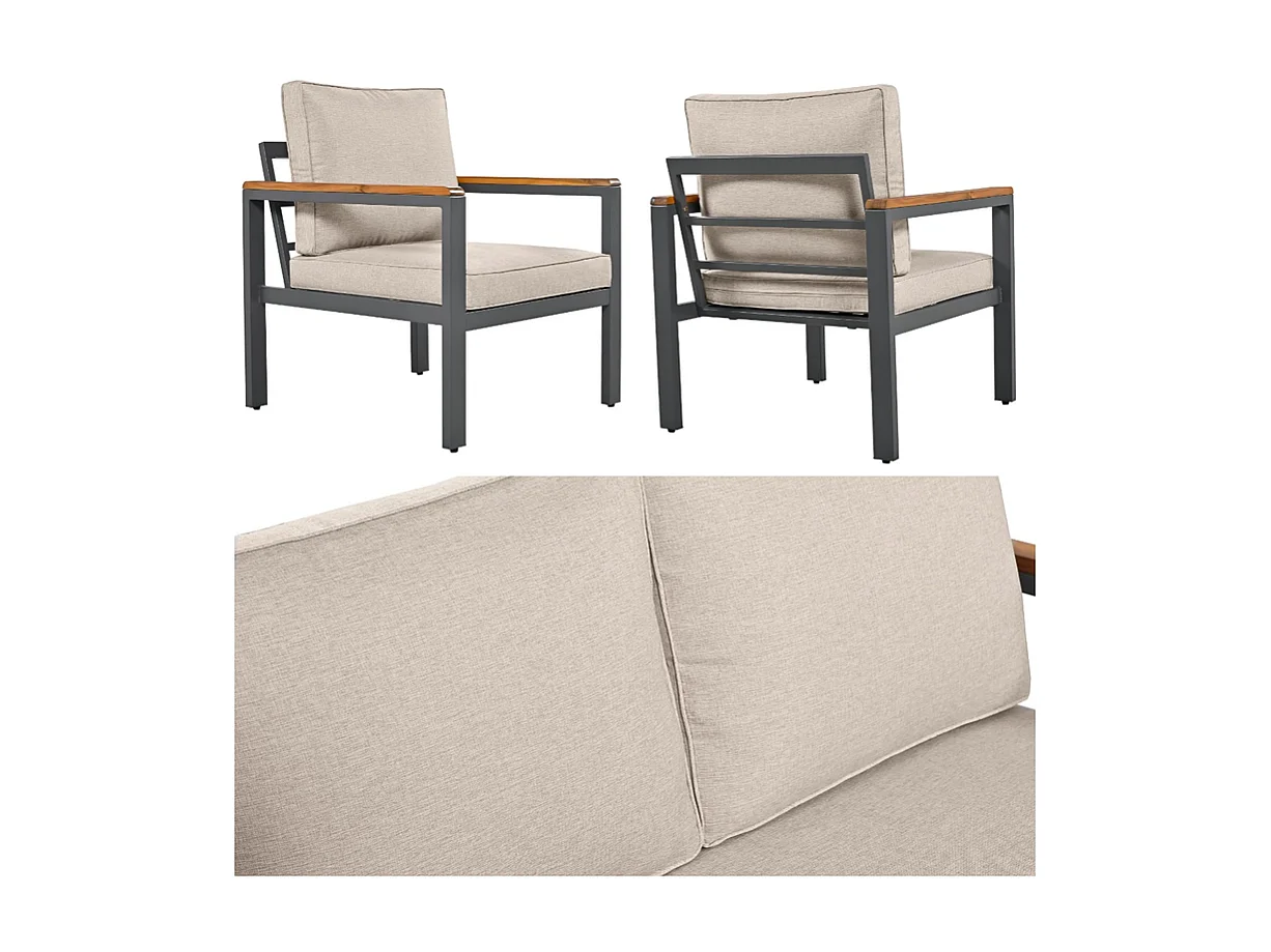 Gartenmöbel aus verzinktem Stahl – 1 Sofa, 2 Sessel und 1 Couchtisch – dekoriert mit Akazienholz – Beige