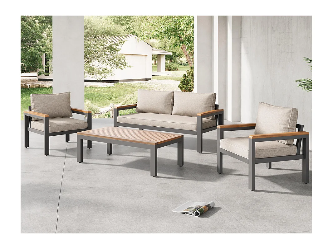 Salon de jardin en acier galvanisé - 1 canapé 、2 fauteuils et 1 table basse - décoré de Bois d'Acacia - Beige