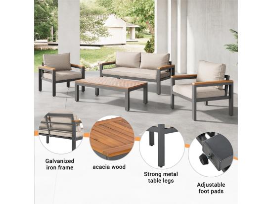 vente unique Salon de jardin en acier galvanisé - 1 canapé 、2 fauteuils et 1 table basse - décoré de Bois d'Acacia - Beige