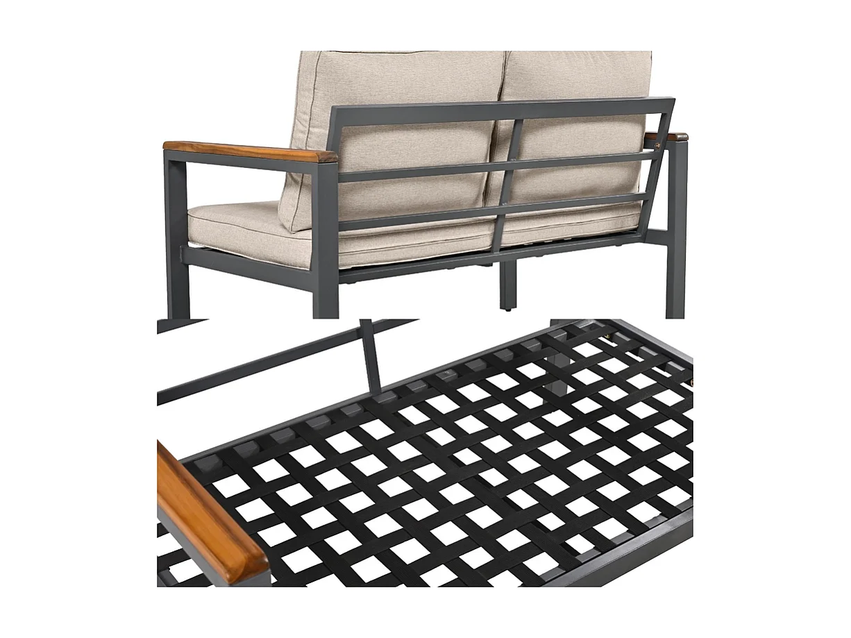 Mobile da giardino in acciaio zincato - 1 divano, 2 poltrone e 1 tavolino - decorato con legno di acacia - Beige