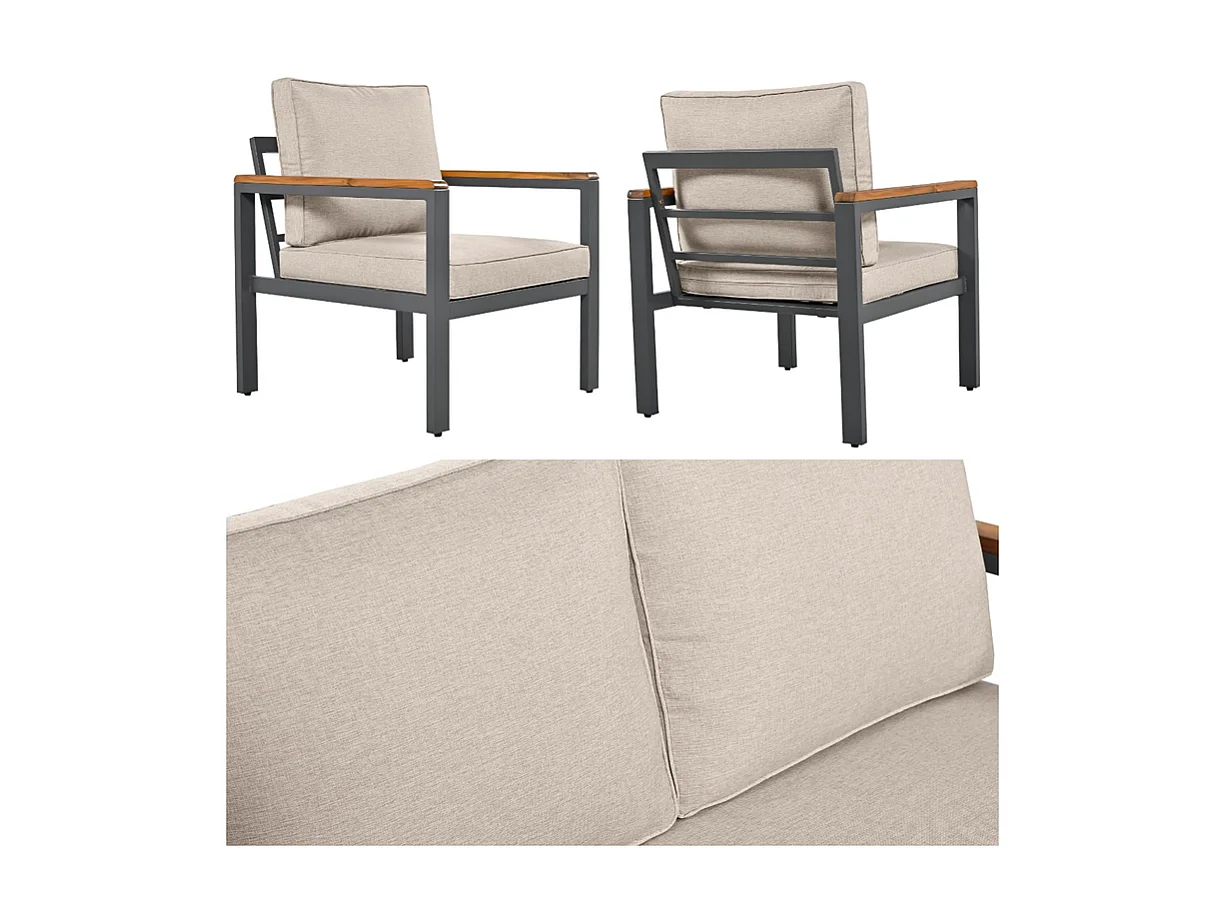 Mobile da giardino in acciaio zincato - 1 divano, 2 poltrone e 1 tavolino - decorato con legno di acacia - Beige