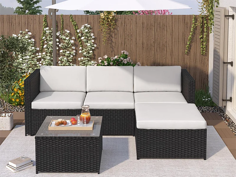 Salon de jardin en résine tressée - Canapé d'angle extérieur avec table basse - 4 places - Noir