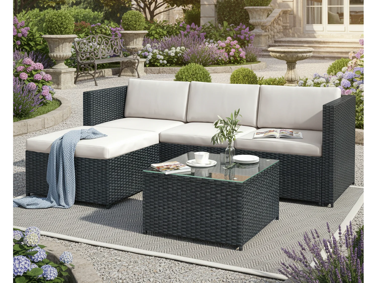 Tuinsalon van gevlochten kunsthars - Buitenhoekbank met salontafel - 4 zitplaatsen - Zwart