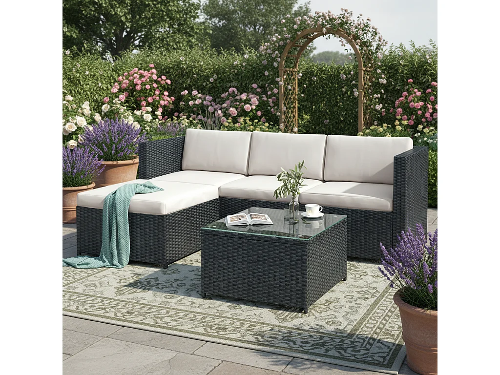 Tuinsalon van gevlochten kunsthars - Buitenhoekbank met salontafel - 4 zitplaatsen - Zwart