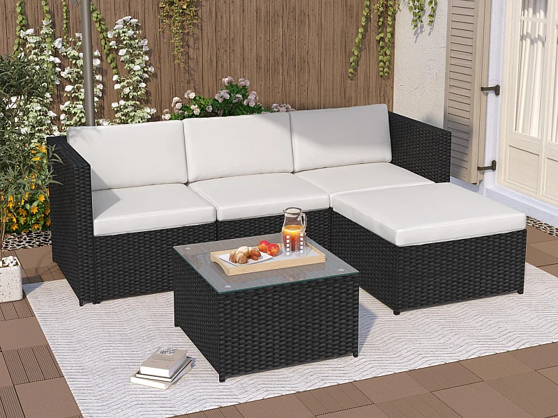 Salón de jardín en resina trenzada - Sofá de esquina exterior con mesa de centro - 4 plazas - Negro