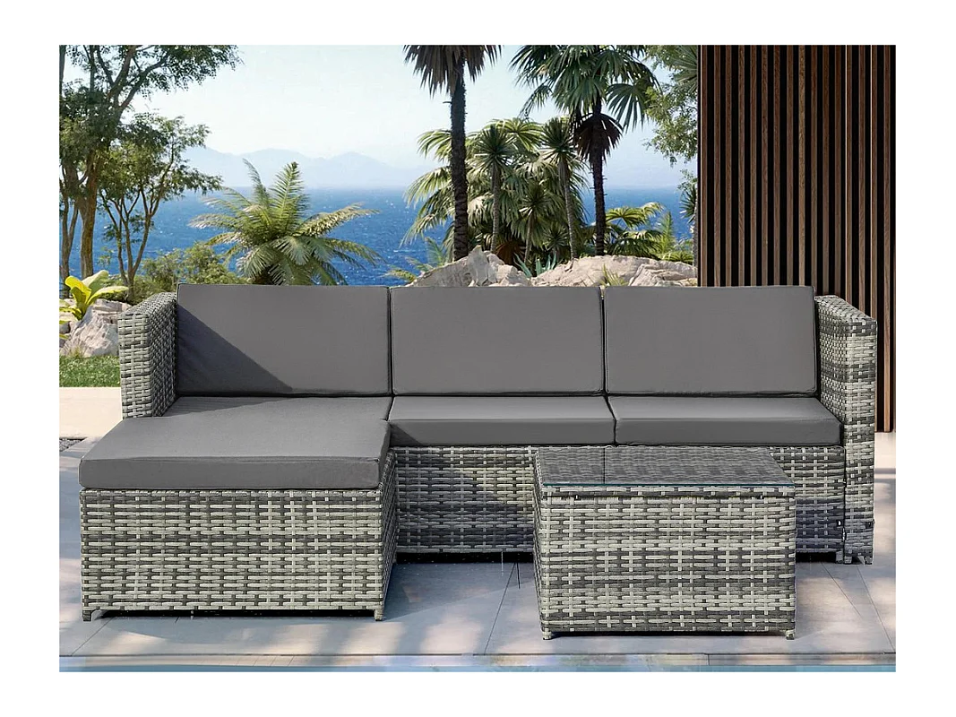 Salon de jardin en résine tressée - Canapé d'angle extérieur avec table basse - 4 places - Gris