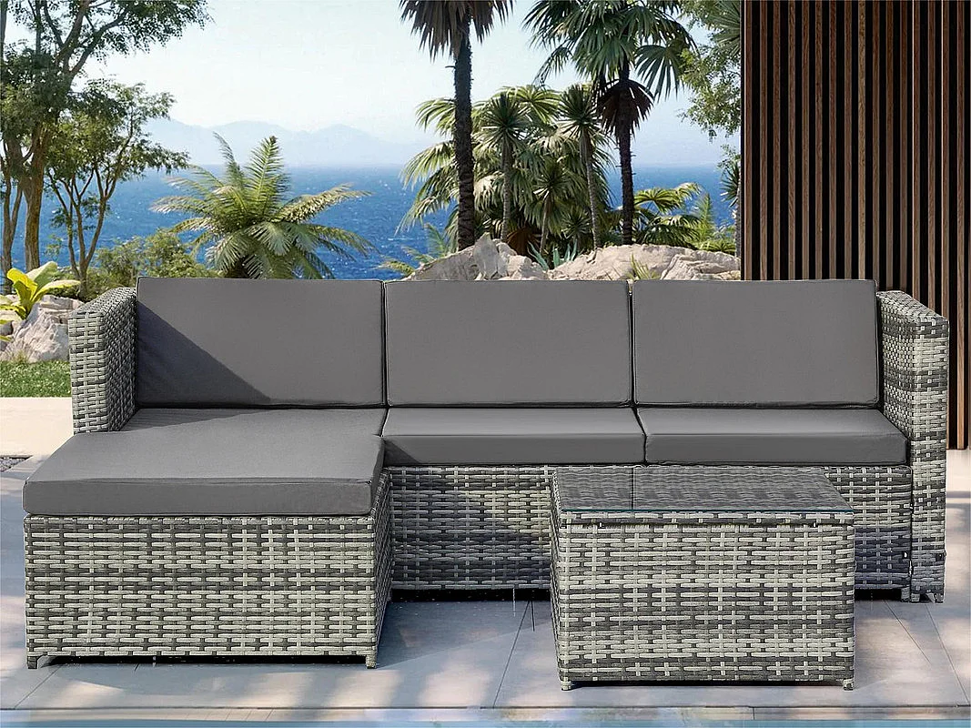Muebles de jardín de resina tejida - Sofá esquinero de exterior con mesa de centro - 4 plazas - Gris