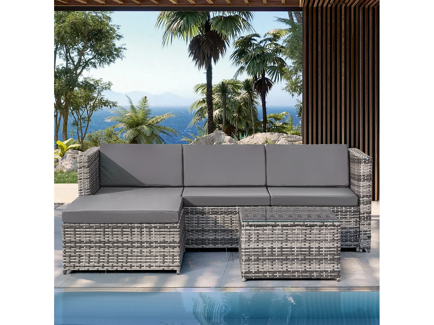 Muebles de jardín de resina tejida - Sofá esquinero de exterior con mesa de centro - 4 plazas - Gris