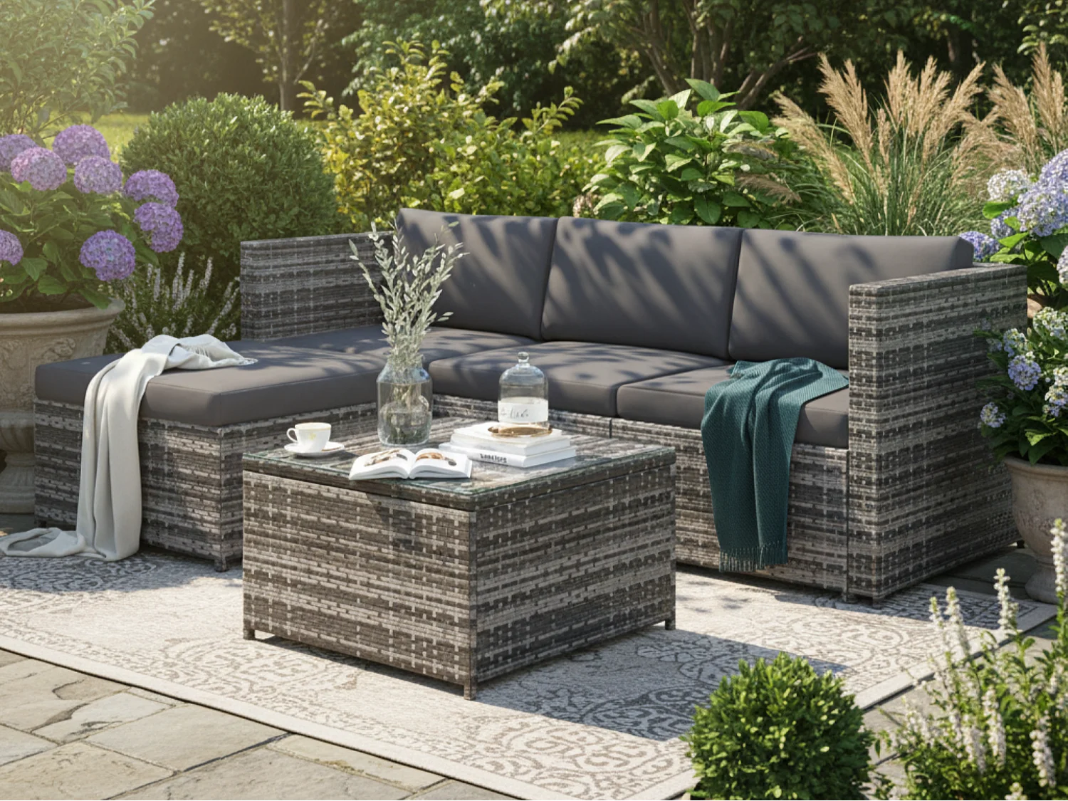 Salon de jardin en résine tressée - Canapé d'angle extérieur avec table basse - 4 places - Gris