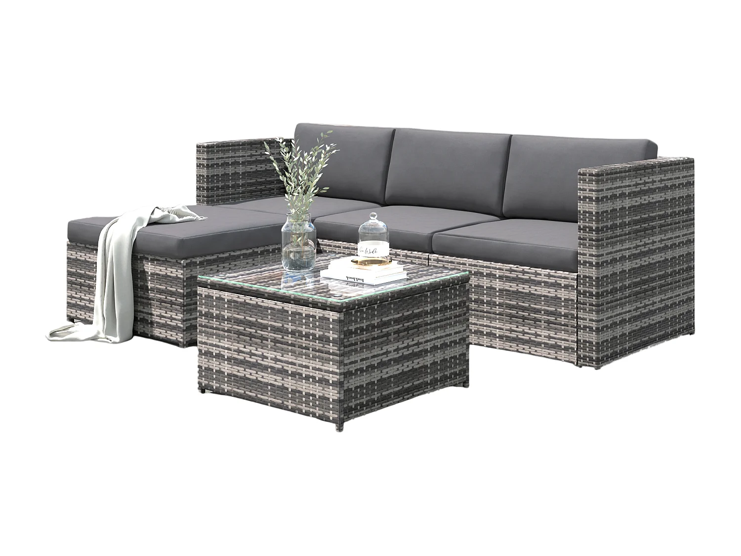 Salon de jardin en résine tressée - Canapé d'angle extérieur avec table basse - 4 places - Gris