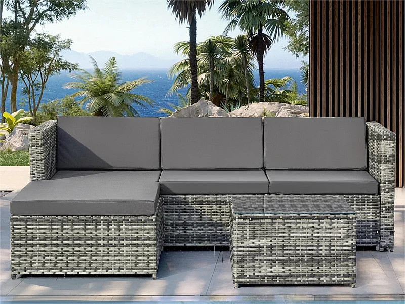 Muebles de jardín de resina tejida - Sofá esquinero de exterior con mesa de centro - 4 plazas - Gris