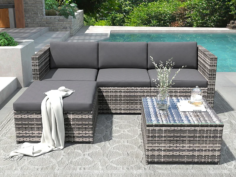 Garten-Salon aus geflochtener Kunstharz - Ecksofa für draußen mit Beistelltisch - 4 Personen - Grau