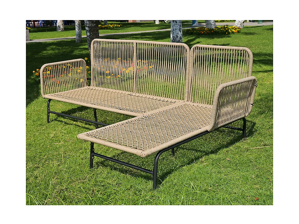 4-zits tuinmeubelen - Hoektuinbank in staal en gevlochten touw - met salontafel - Beige