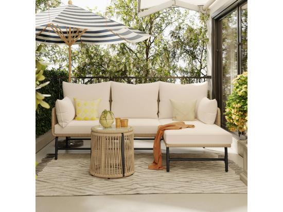 vente unique Salon de jardin 4 places - Canapé d'angle de jardin en Acier et Corde tressée - avec une table basse - Beige