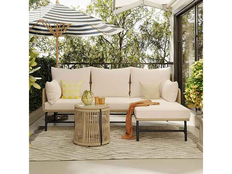 Salon de jardin 4 places - Canapé d'angle de jardin en Acier et Corde tressée - avec une table basse - Beige