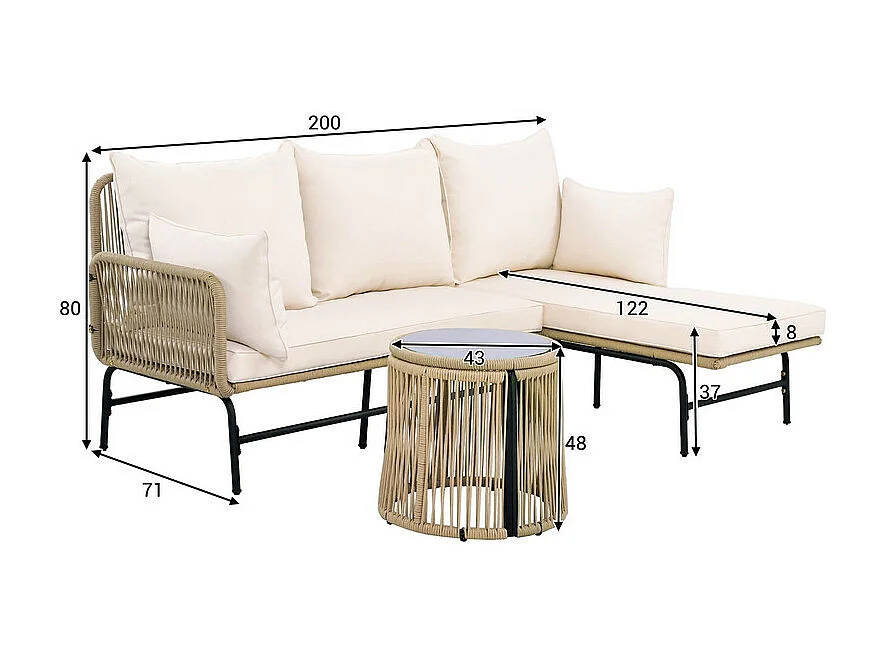 Salon de jardin 4 places - Canapé d'angle de jardin en Acier et Corde tressée - avec une table basse - Beige