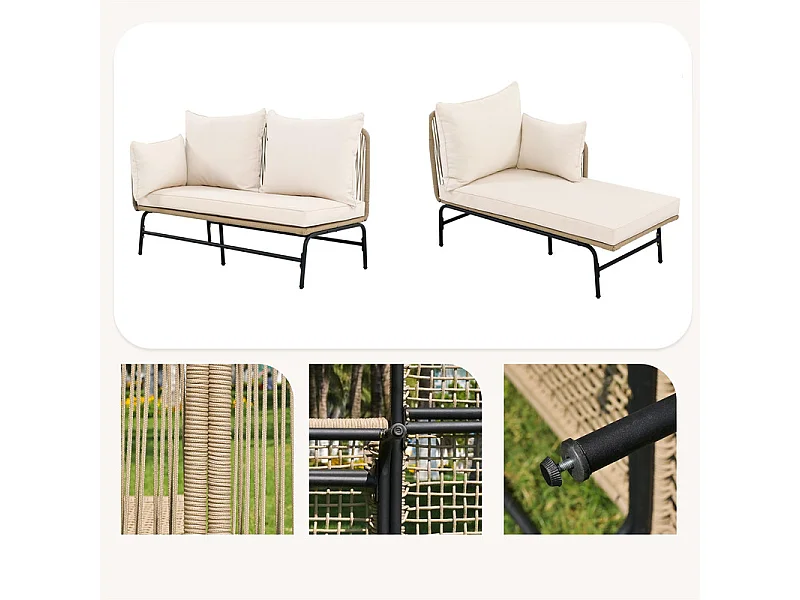 Salon de jardin 4 places - Canapé d'angle de jardin en Acier et Corde tressée - avec une table basse - Beige