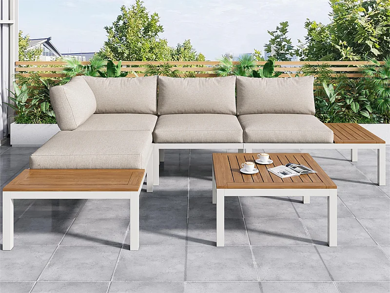 Salon de jardin multifonctionnel en Acier galvanisé et décoré de Bois d'Acacia - 4 places - canapé d'angle et 1 table basse - Beige